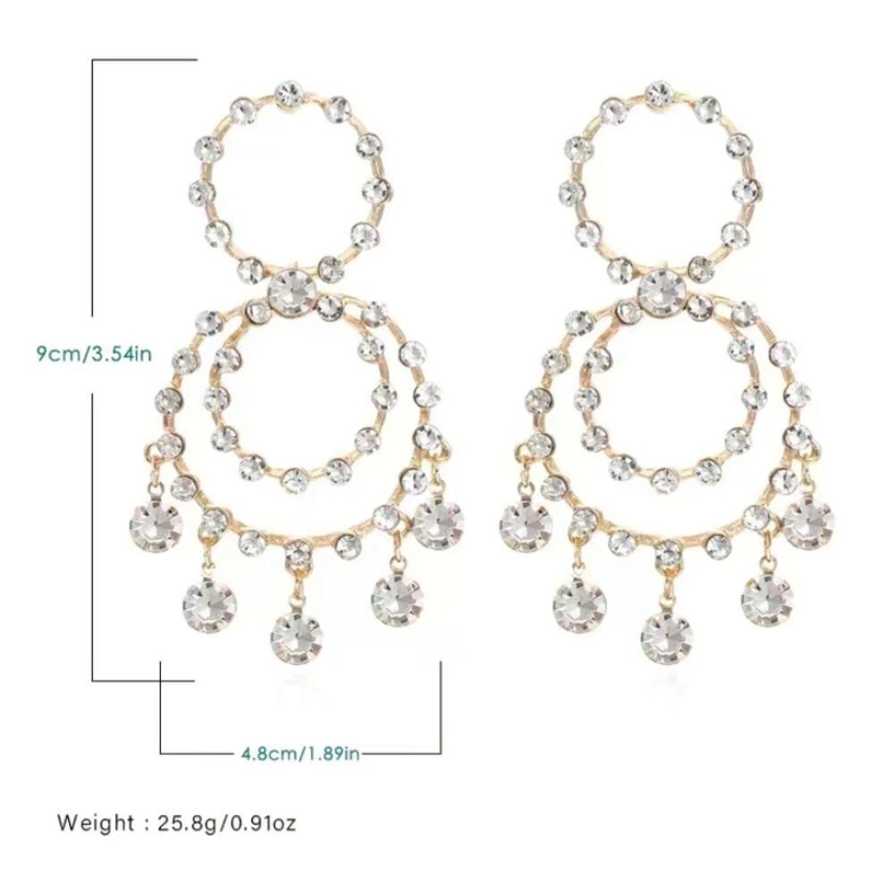 🔅🆕🔅 STUNNING Statement Golden Circle Shiny Rhinestone Dangle Earrings ✨ - Picture 6 of 11
